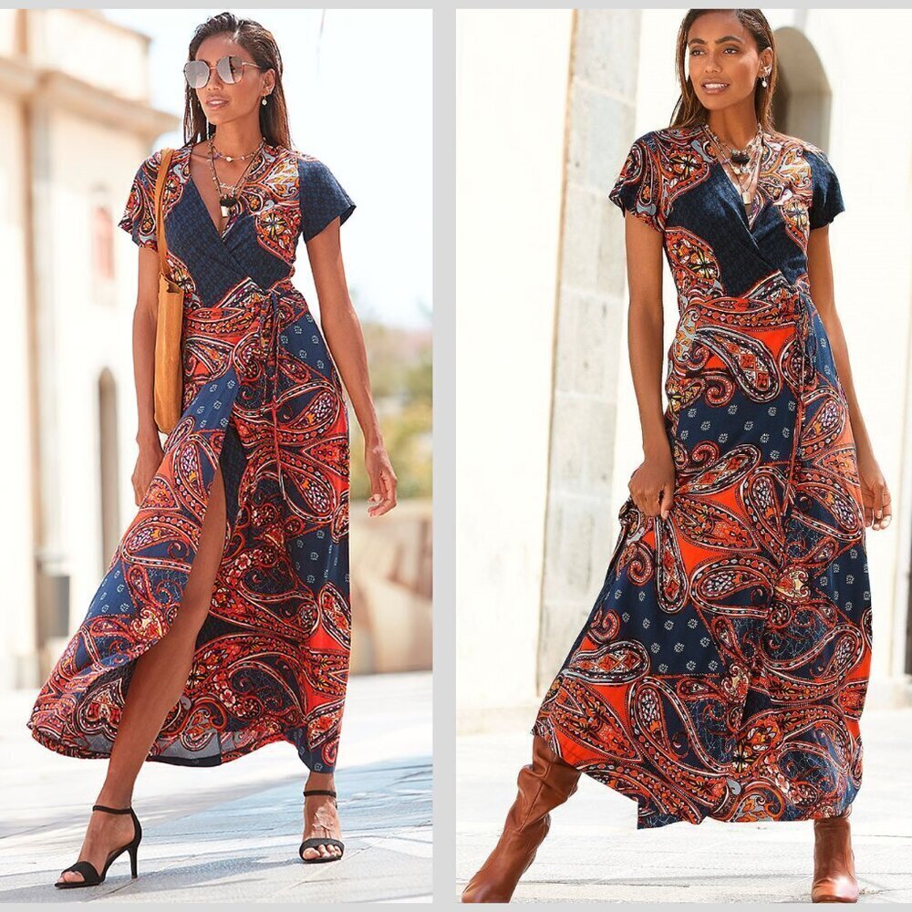 New! Lascana Navy Red Paisley Print Self Tie Full Wrap Maxi Dress 22909